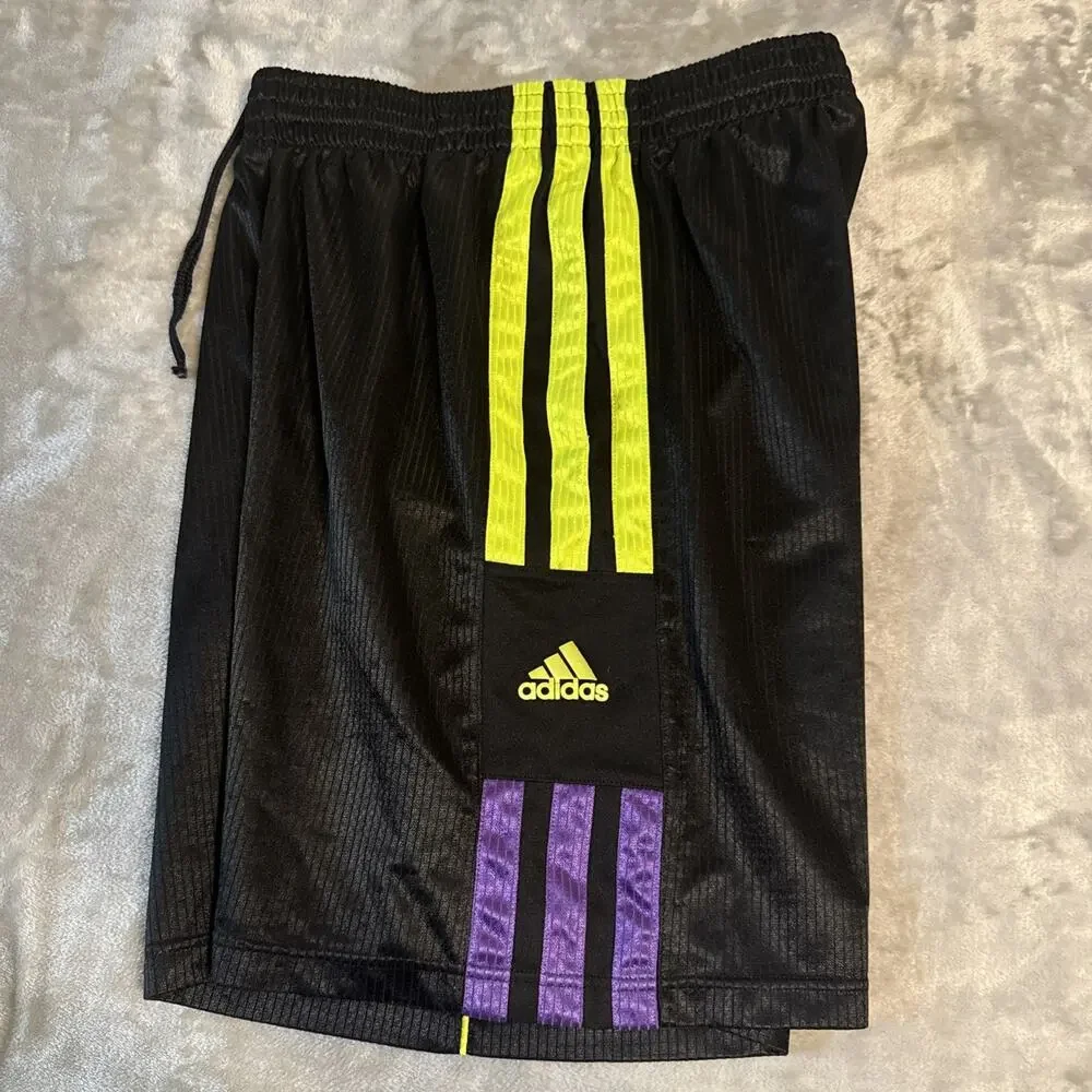 Adidas Mens Basketball Shorts Black & Neon Green Stripes Size Medium